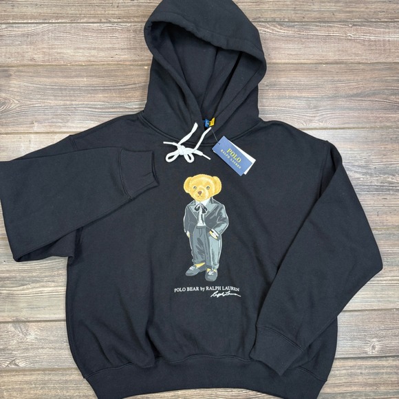 Polo Ralph Lauren Tops - Polo Ralph Lauren Women‎ Size Large Hoodie Black Polo Bear Tuxedo Fleece NWT